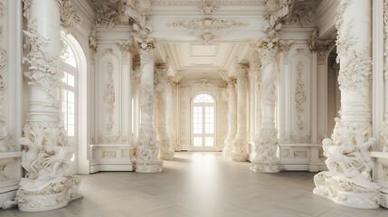 Obraz premium Sunlit opulent white hall with ornate columns, arches, and sculptures.