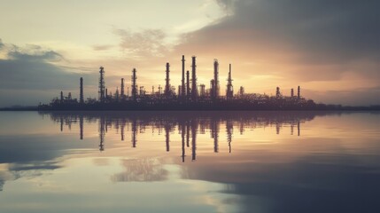 Fototapeta premium Industrial refinery complex at sunrise scenic waterfront landscape photography calm waters wide angle sustainability vision