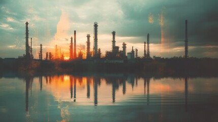 Fototapeta premium Sunset over industrial oil refinery water reflection urban landscape serene environment industrial concept