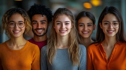 Obraz premium Friendly Team of Diverse Young Professionals Smiling in a Modern Office Environment
