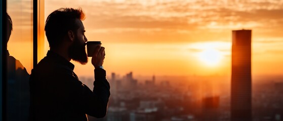Man enjoying a sunset view with a coffee cup.