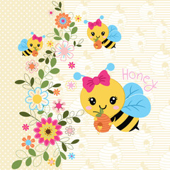Cute bee vector loving sweet honey with beautiful flower decoration  