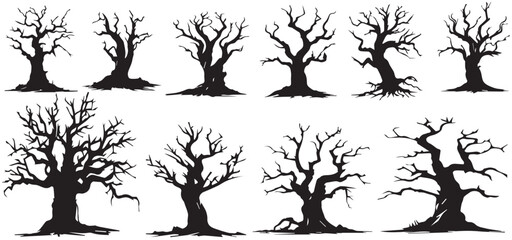 Trees without leaves, hand drawing silhouette. Trunks and branches of different types of trees, vector illustration set