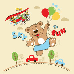 Naklejka premium Cute bear vector happily flying with colorful balloons over a busy city skyline in a playful and whimsical design 