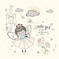 Beautiful fairy vector illustration with delicate wings and an enchanting, magical pose in a whimsical design
