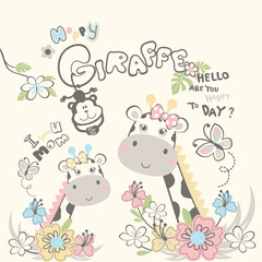 Adorable giraffe vector illustration joyfully playing with a little friend in a colorful and cheerful design