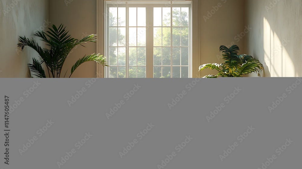 Poster sunlight streaming through window in empty room with plants