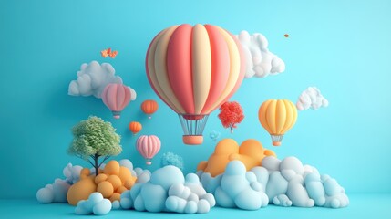 Obraz premium Pastel hot air balloons floating amongst fluffy clouds and stylized trees on a light blue background.