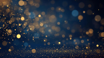 Golden bokeh particles on a dark blue background