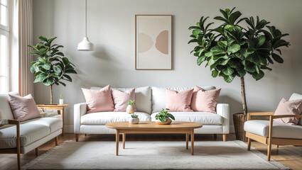 Minimalist Scandinavian Style Living Room with Beige Sofa and Elegant Decor