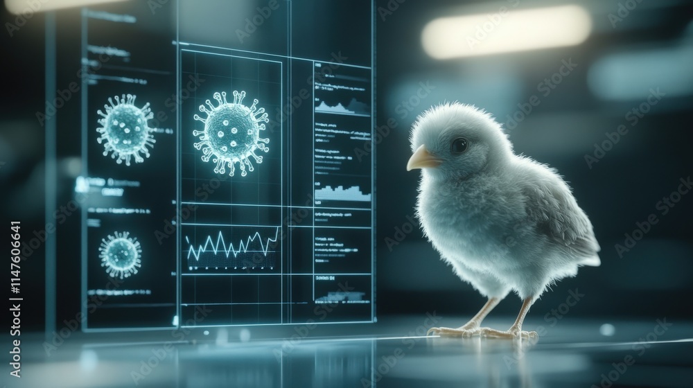 Poster Adorable Chick Perched in a High-Tech Laboratory with Scientific Data Visualizations and Digital Analytics Displayed in the Background