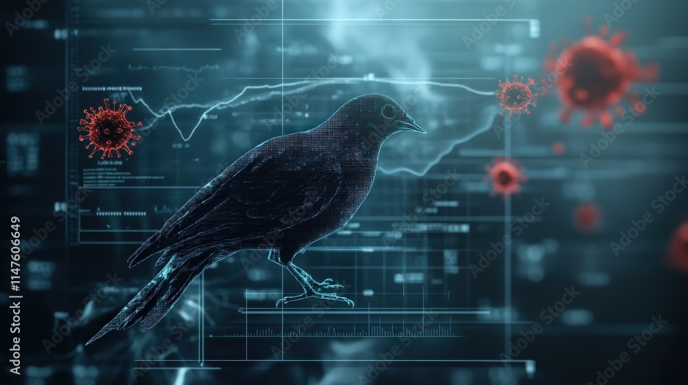 Poster Futuristic Digital Bird with Data Analysis Elements on Background Representing Innovation in Science and Technology in a Modern Environment
