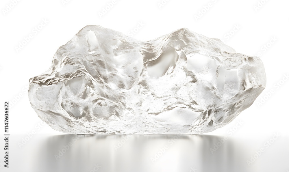 Poster translucent, irregular ice chunk on white surface with subtle reflections.