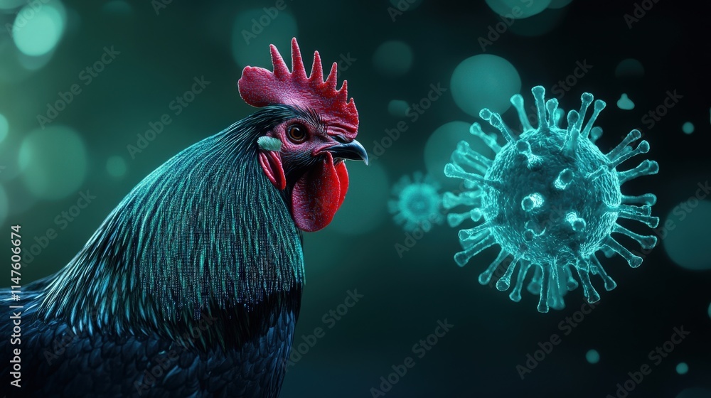 Poster detailed artistic representation of a rooster with a green and blue background illustrating virus an