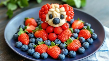 Adorable fruit dog dessert on a plate.