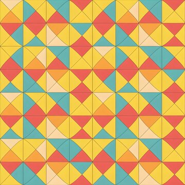 Vintage-Inspired Geometric Pattern Interlocking Triangles, Squares, and Circles in Bold Colors