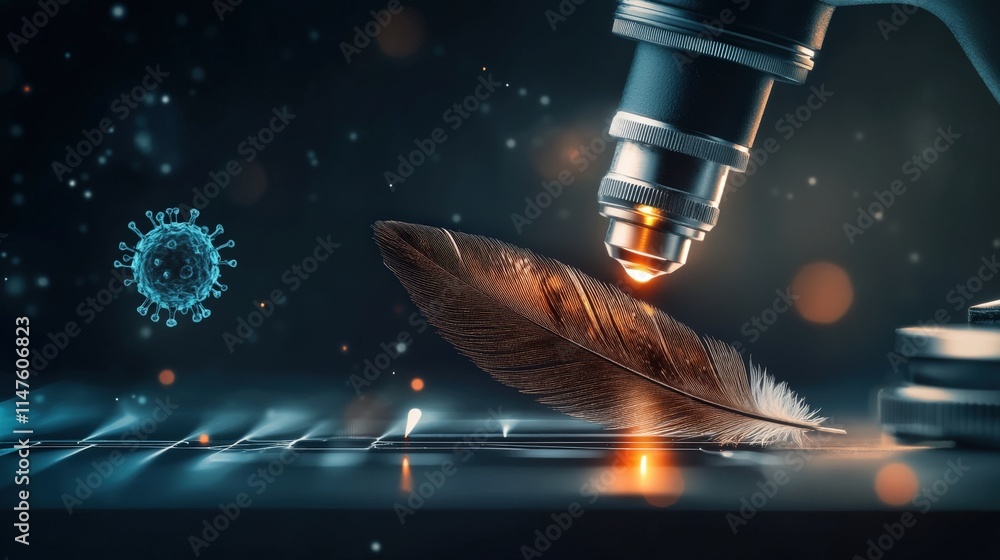 Aufkleber close-up of a microscope examining a feather with a virus representation in background, symbolizing 