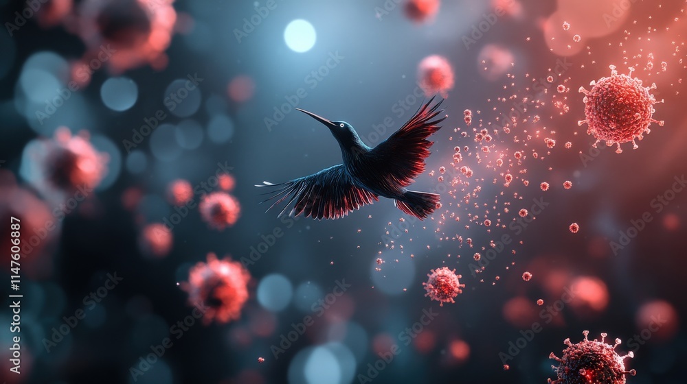 Poster Surreal Representation of a Bird in Flight Surrounded by Abstract Virus Cells Against a Soft Focused Background in Red and Blue Tones