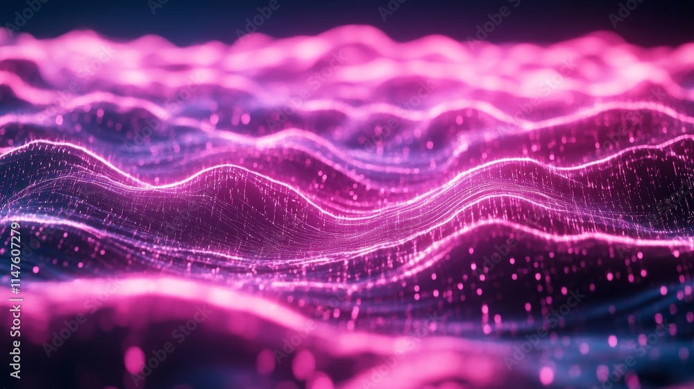 Poster dynamic waves of light and color virtual environment abstract art modern technology digital landscap