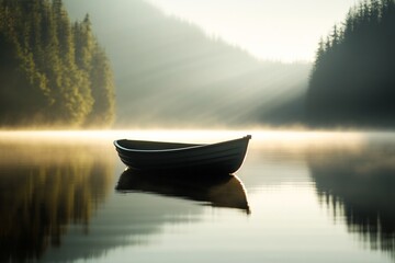 Fototapeta premium Serene boat on a misty lake at dawn.