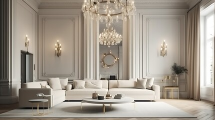 Elegant living room with beige sectional sofa, round coffee table, crystal chandelier, and gold wall sconces in a classic interior.