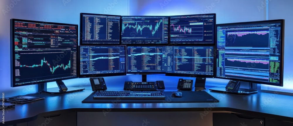 Poster trading desk setup with multiple screens for cryptocurrency analysis