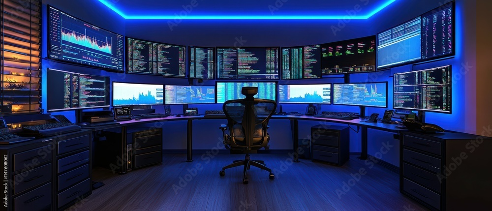 Poster modern cryptocurrency trading desk with multiple screens displaying data