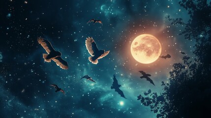 Fototapeta premium Nighttime flight of owls and bats under a full moon enchanted forest fantasy illustration celestial atmosphere dreamlike view