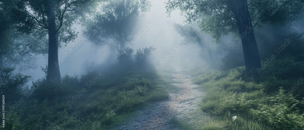 Poster serene forest path covered in morning mist with soft sunlight filtering through