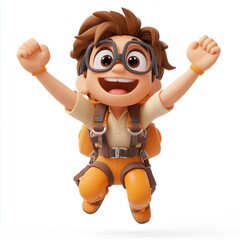 A cheerful cartoon boy with glasses is jumping with excitement, wearing an explorer outfit and backpack.