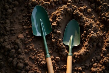Rustic Garden Tools on Rich Brown Soil in Natural Sunlight with Copy Space