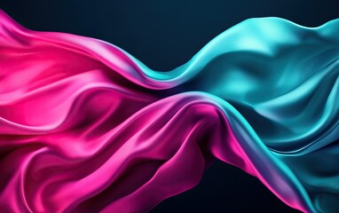 Fototapeta premium A vibrant display of flowing pink and teal fabric, showcasing smooth textures and dynamic movement against a dark backdrop.