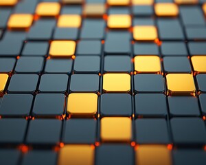 Obraz premium A close-up view of a grid of reflective tiles, showcasing a mix of black and glowing orange squares that create a visually striking pattern.
