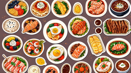 A delicious food illustration with rice, beef, shrimp, salad, egg, and soup served on a plate and bowl for an aesthetic design