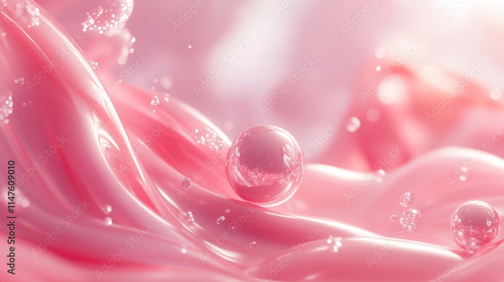 Aufkleber fluid motion of pink liquid with bubbles abstract art studio setting textured surface close-up persp
