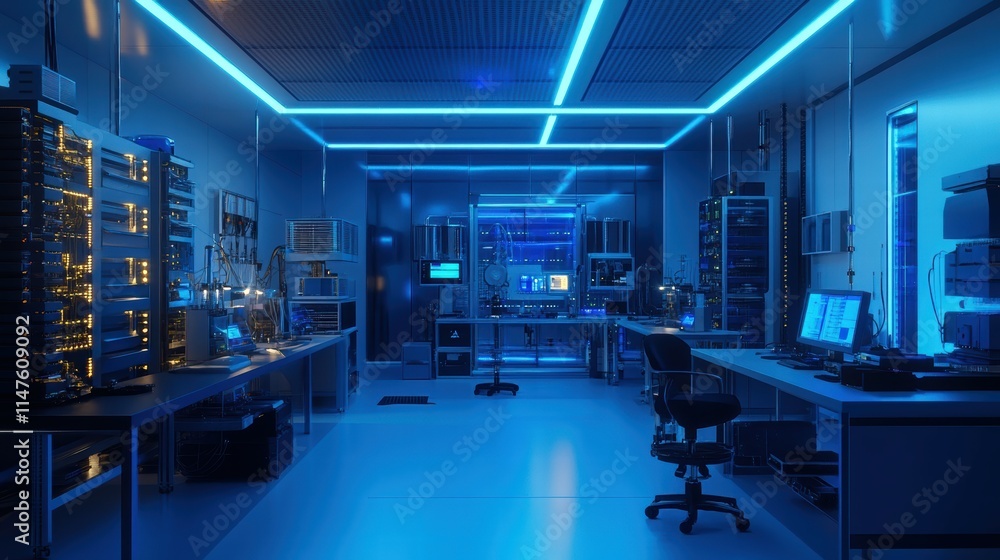 Poster advanced quantum computing laboratory with specialized equipment and technology