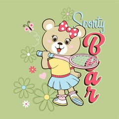 Adorable bear girl vector illustration playing tennis, surrounded by vibrant flowers in a cheerful and whimsical design  