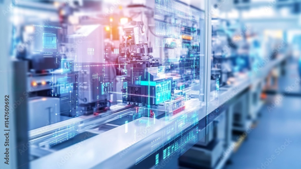Poster automated manufacturing process factory industrial image modern environment close-up view technologi