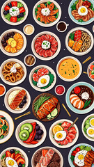 Aesthetic illustration of diverse foods on a plate and bowl including beef, shrimp, salad, rice, egg, and soup