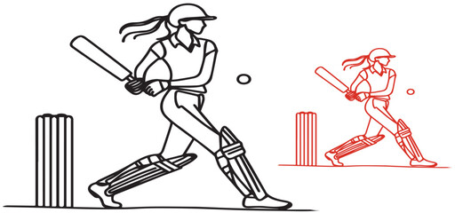 black line art girl posing cricket playing style . vector
