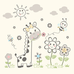 Adorable giraffe vector illustration joyfully playing with a little friend in a colorful and cheerful design