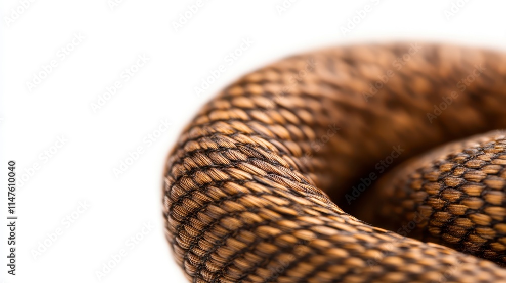 Poster a close-up of a coiled brown snake showcasing its intricate scale patterns against a white backgroun