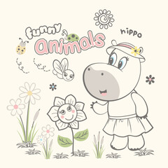 Adorable hippo girl vector illustration enjoying vibrant flowers in the garden, surrounded by cheerful butterflies in a whimsical and colorful design  