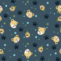 Seamless vector illustration of bear heads, honeycomb patterns, and footprints in a playful decorative design.
