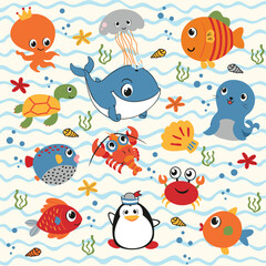 Colorful collection of sea animals swimming in the ocean, with a background of water waves and bubbles, creating a lively aquatic scene.
