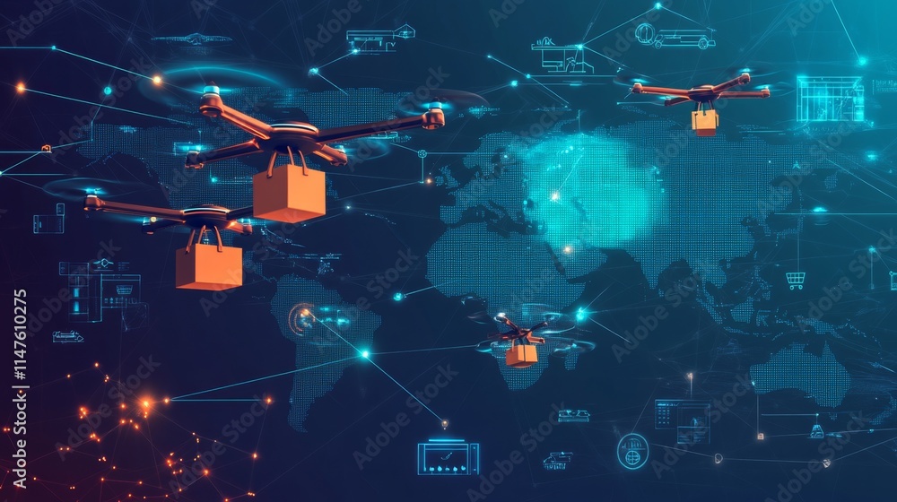 Poster drone delivery operations transforming logistics global network digital art high-tech aerial view in