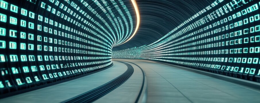 A futuristic digital tunnel with glowing binary code patterns.