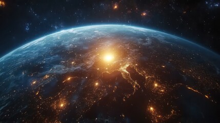 Satellite view of Earth with pulsating lights forming a global network 