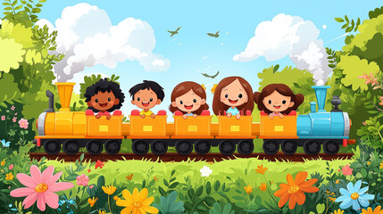Red toy train carrying happy children through a lush green forest with flowers