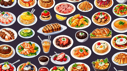 Bright and colorful food illustration featuring rice, beef, egg, shrimp, salad, and soup on a plate and bowl